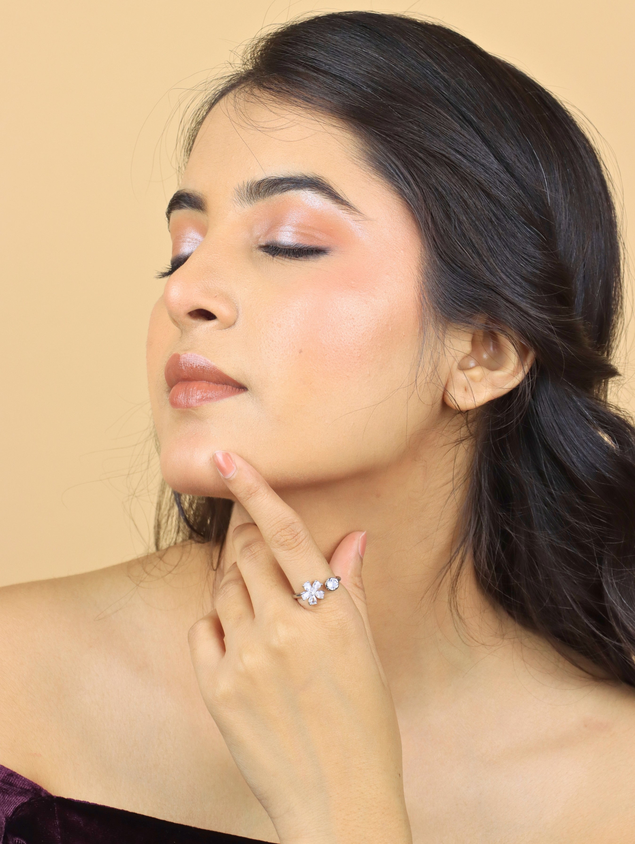 SAAZ SLIVER PLATED FLOWER DESGIN ADJUSTABLE RING
