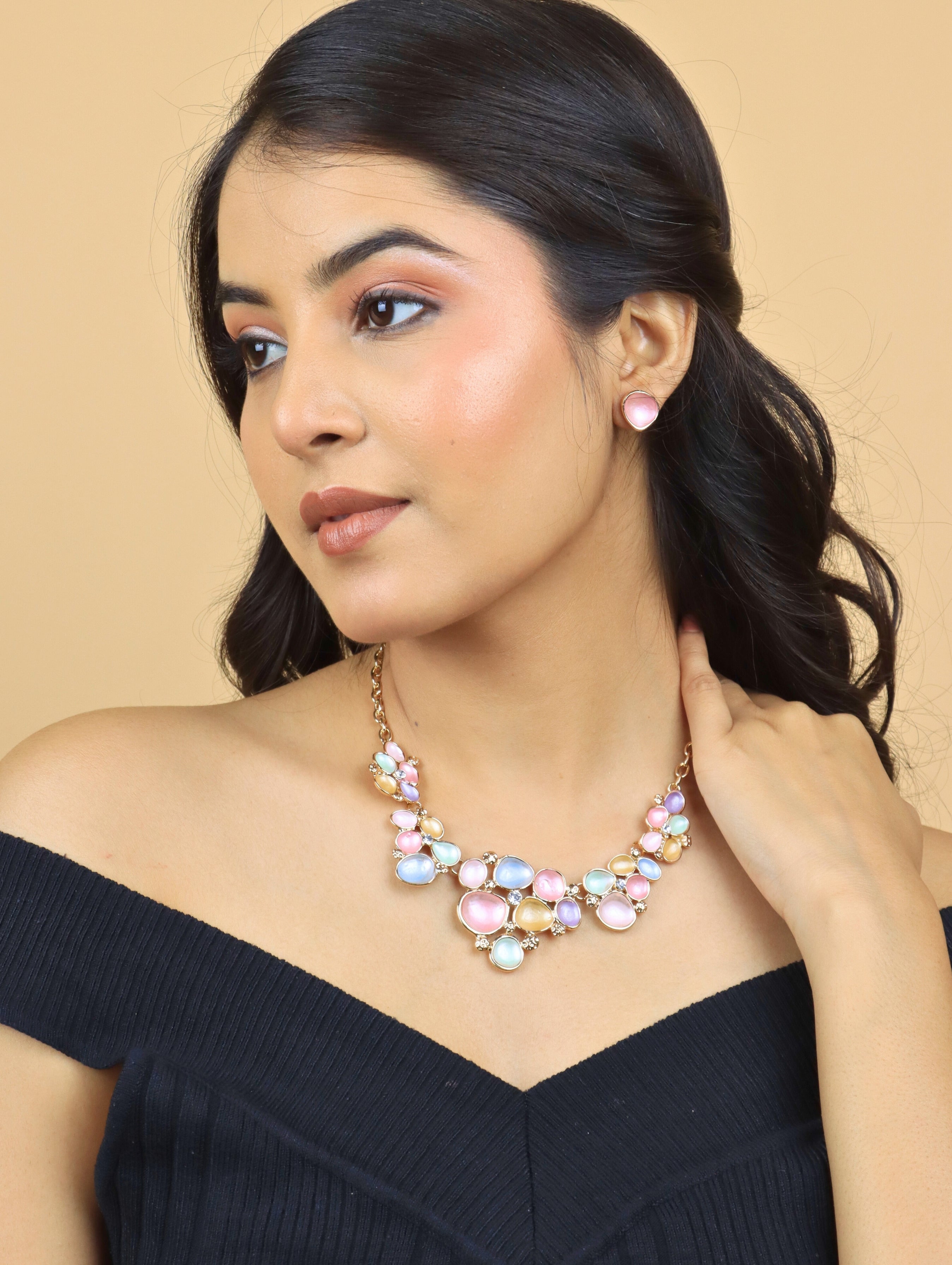 Westlook Pastel Multi Color Flora Necklace With Earring