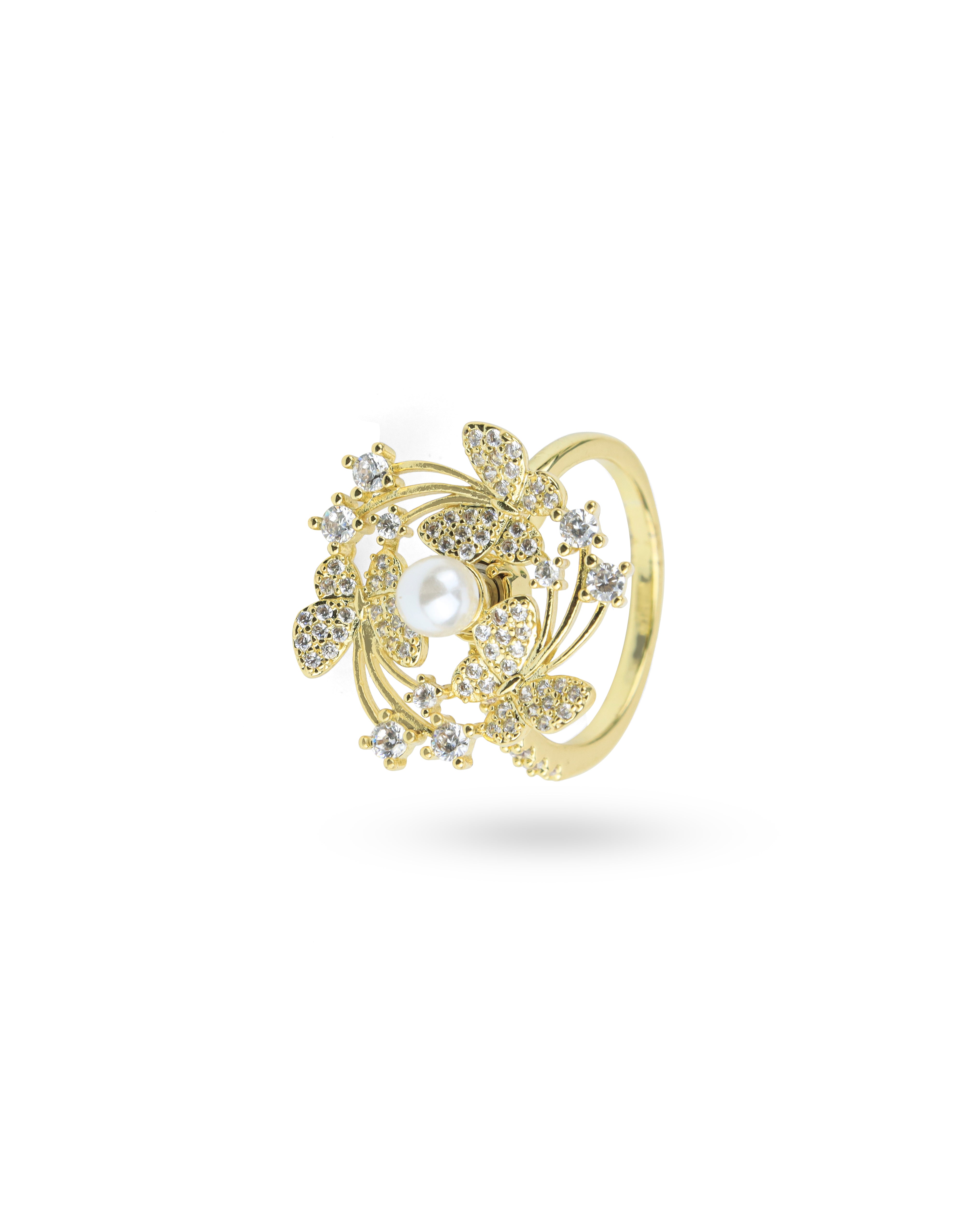 GOLD-PLATED BRASS CUBIC ZIRCONIA SPINNING FINGER RING WITH MOTI