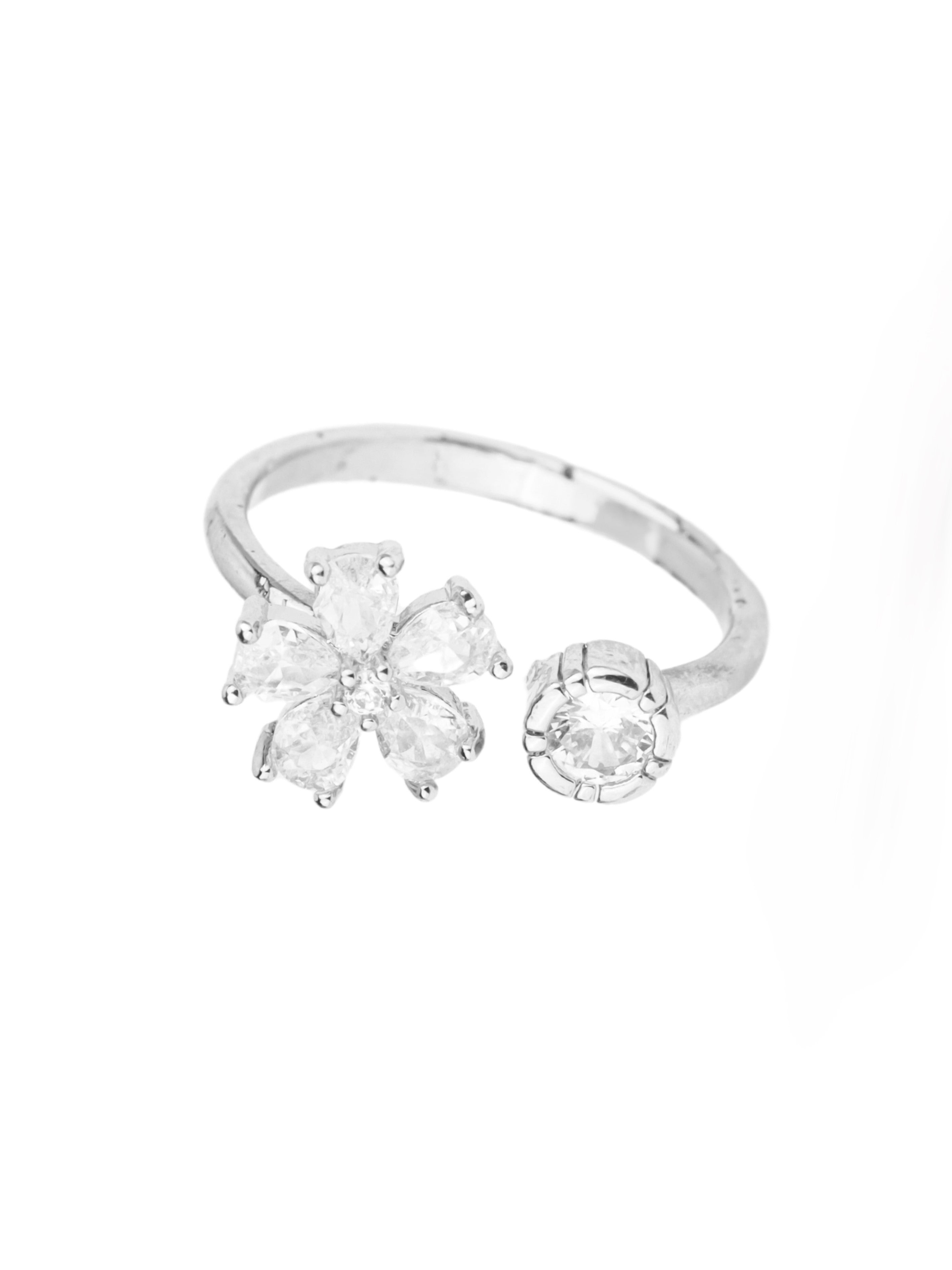 SAAZ SLIVER PLATED FLOWER DESGIN ADJUSTABLE RING