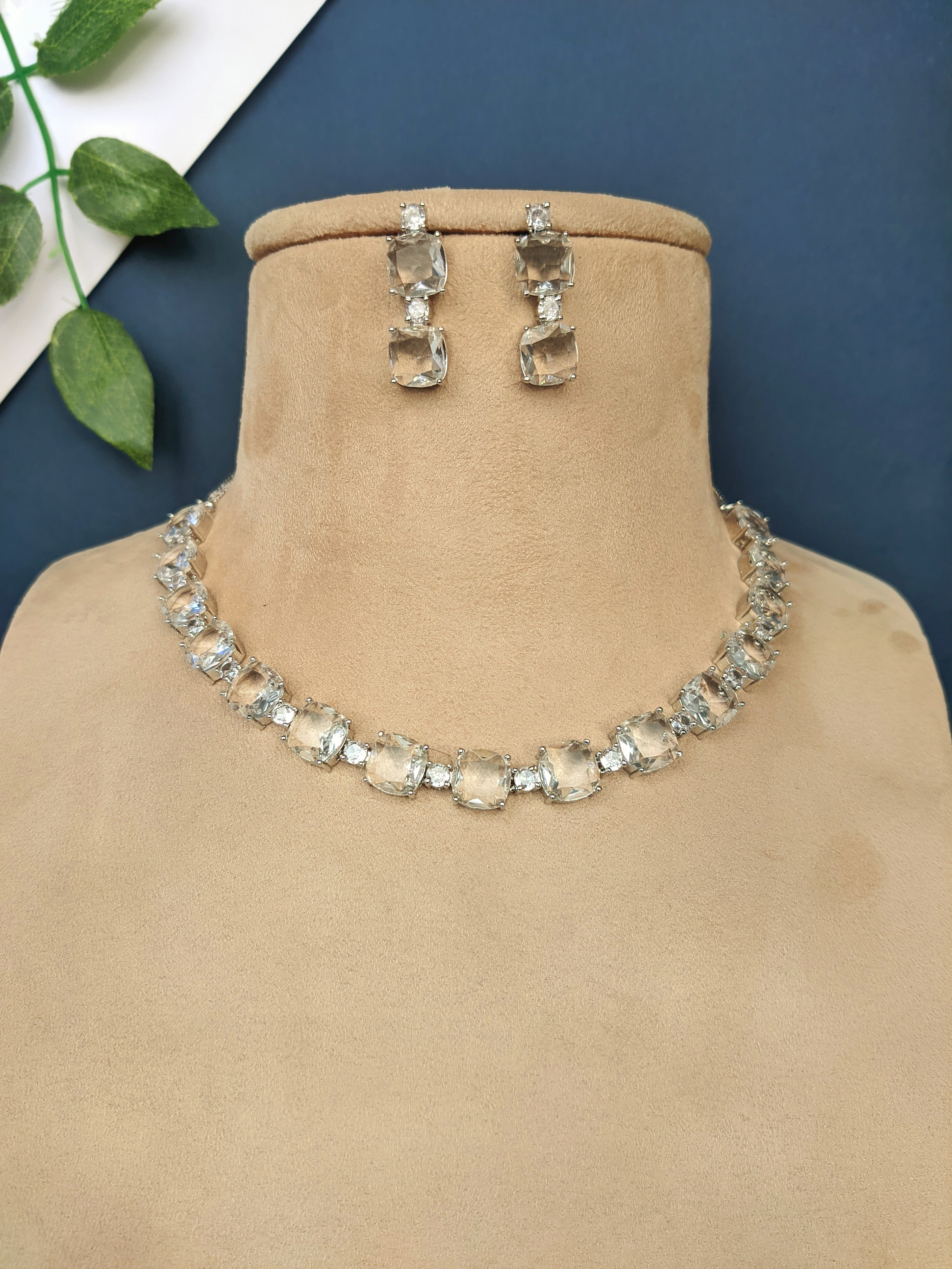 Saaz Rhodium-Plated Premium White Zircons Party Wear Jewellery Set