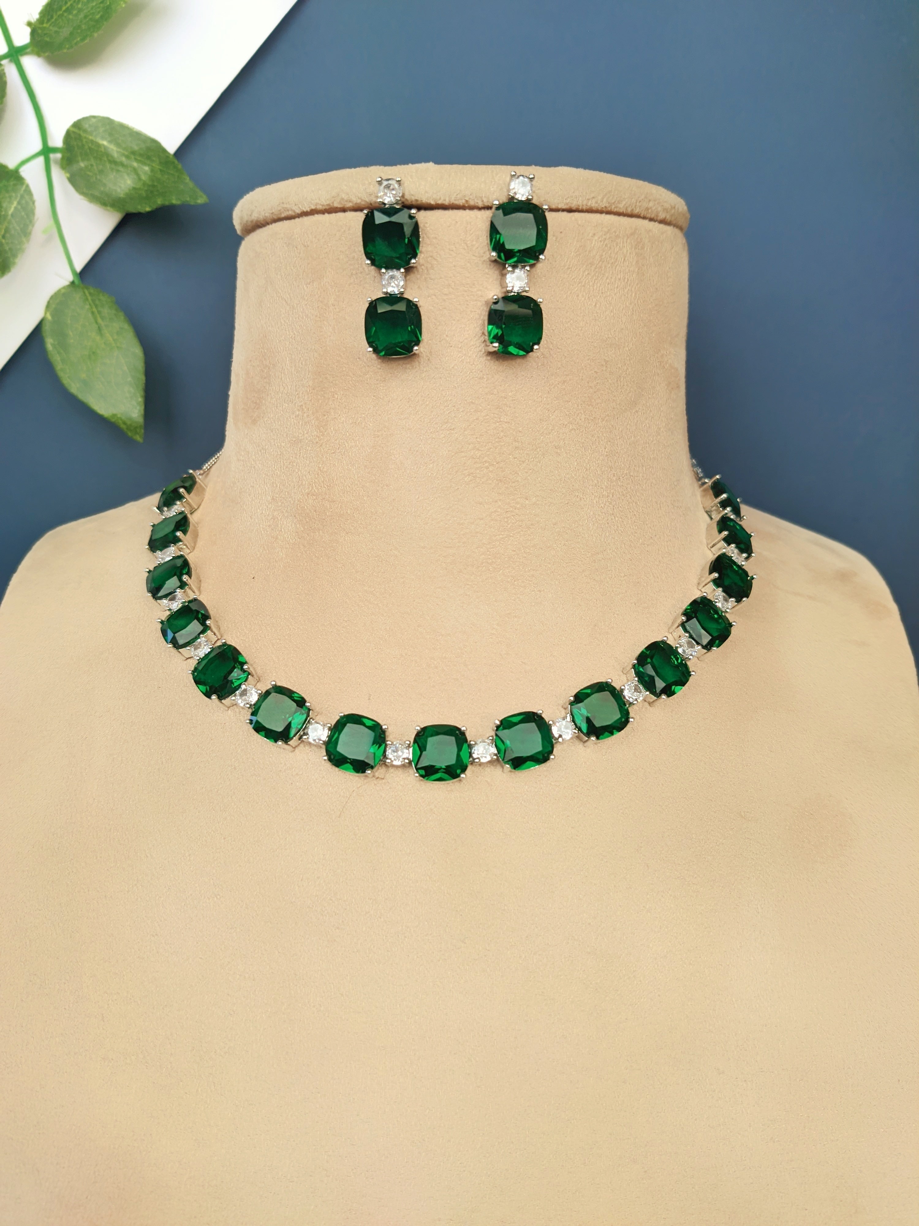 Saaz Rhodium-Plated Premium Green Zircons Party Wear Jewellery Set