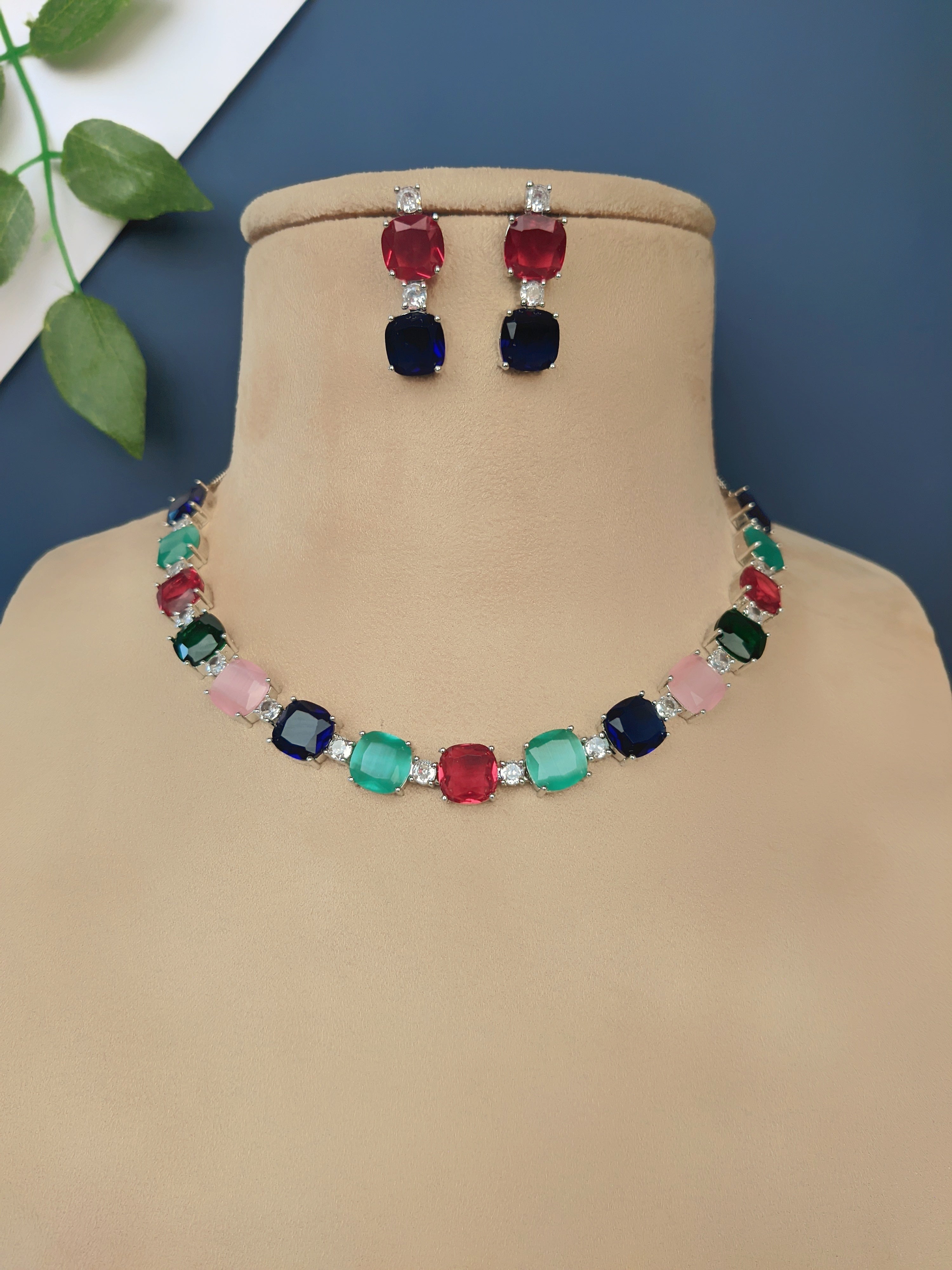 Saaz Rhodium-Plated Premium Blue Zircons Party Wear Jewellery Set